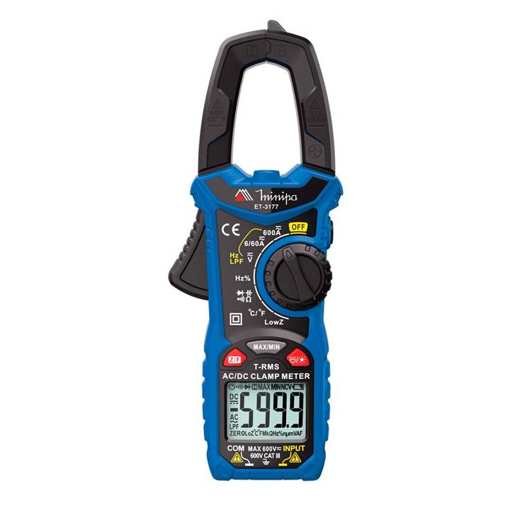 Alicate Amperímetro Minipa CAT III 600A Garra com Lanterna /NCV/True RMS/Temp ET-3177