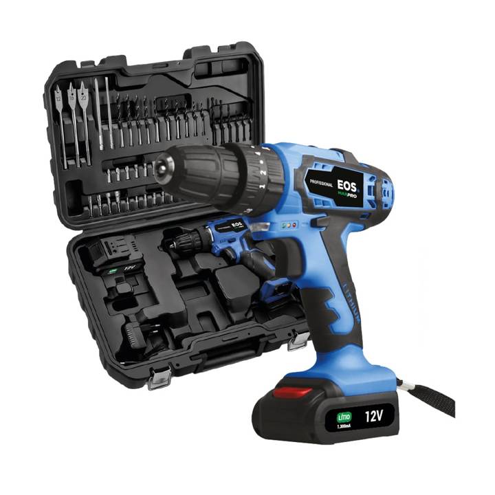 Parafusadeira e Furadeira de Impacto EOS MaxPro EPF01MFPRO 12v a Bateria e Maleta com 50 Acessórios Bivolt