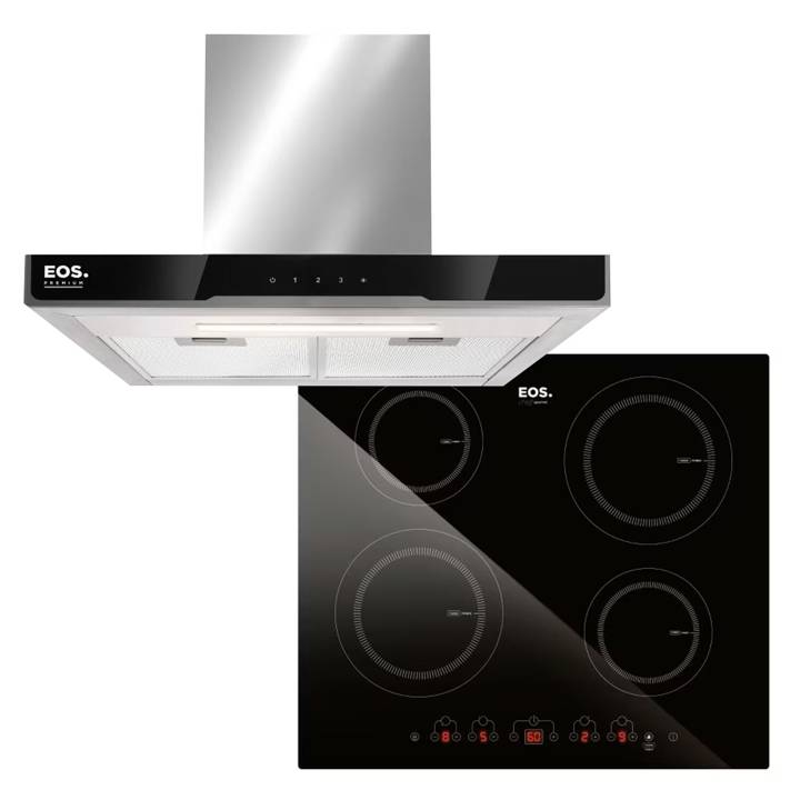 Kit Cozinha EOS Coifa de Parede 60cm ECO60PTD + Cooktop de Indução 4 Bocas ECI04EP 220V