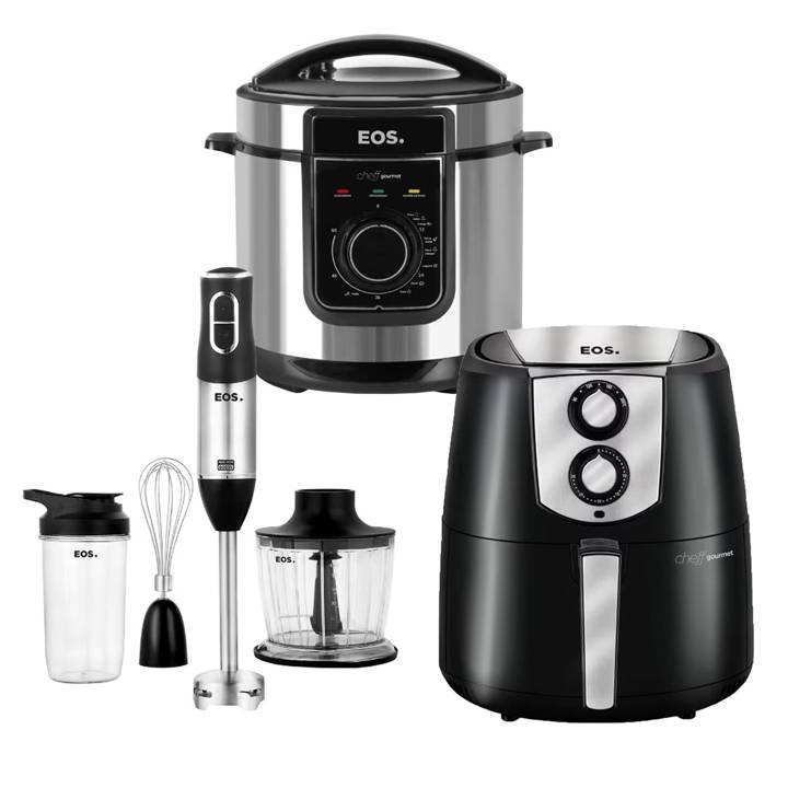 Kit Trio Cozinha EOS Fritadeira Air Fryer Sem Óleo Chef Gourmet 4,2 Litros EAF42P + Panela de Pressão Elétrica 5L Multicooker EPP50MI + Mixer 3 Em 1 2 Velocidades 600W EMX02 110V